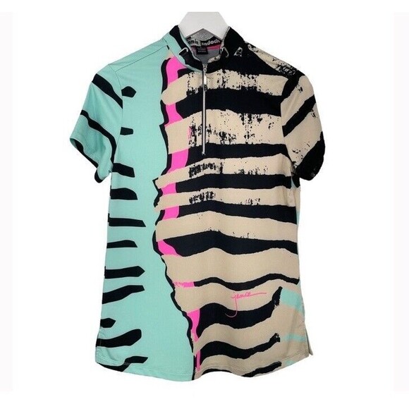 Jamie Sadock Golf Top Mock 1/4 zip Short Sleeve Rock Stripe Spandex Small EUC - Picture 1 of 10